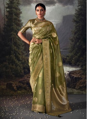 Light Green Organza Fabric Saree