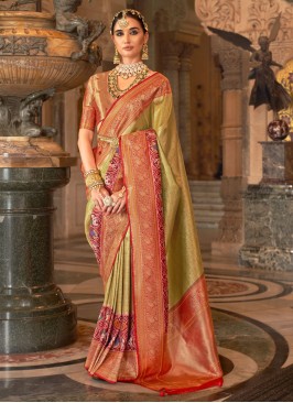 Light Green & Red Woven Banarasi Silk Contemporary Saree