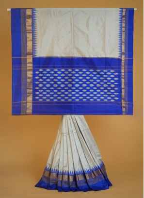 Light Grey And Blue Pure Silk Patola Saree