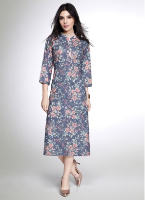 Light Grey Floral Printed Cotton Silk Kurti