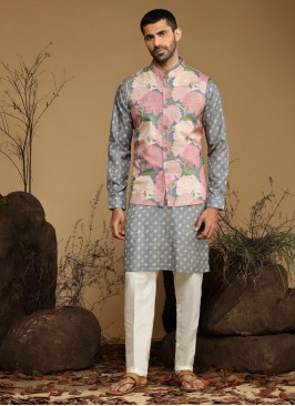 Light Grey Floral Printed Nehru Jacket Set