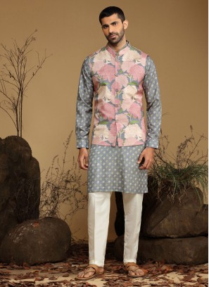 Light Grey Floral Printed Nehru Jacket Set