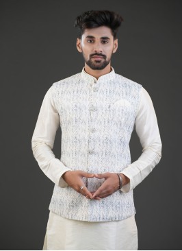 Light Grey Nehru Jacket With Thread Embroidery