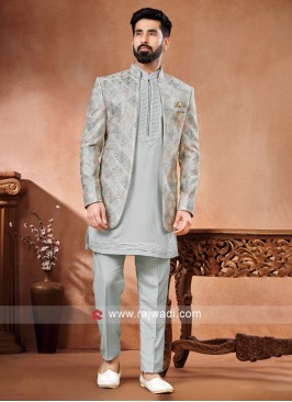 Light Grey Thread Embroidered Jacket Style Indowestern Set