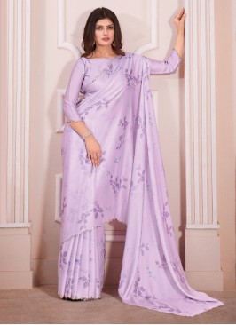 Light Lavender Floral Printed Saree In Satin Fabric