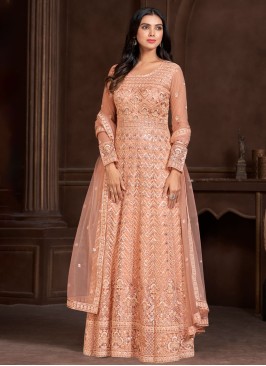 Light Orange Designer Anarkali With Embroidered Work