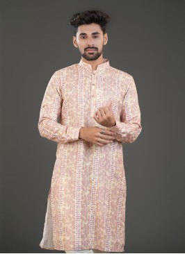 Light Orange Printed Kurta In Cotton Silk