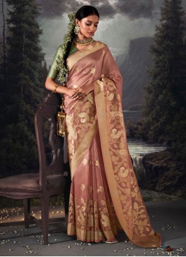 Light Peach Wedding Wear Organza Saree