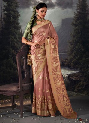 Light Peach Wedding Wear Organza Saree