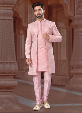 Light Pink Embroidered Jacket Style Indowestern Set For Men