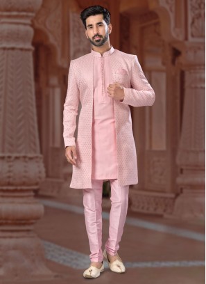 Light Pink Embroidered Jacket Style Indowestern Set For Men