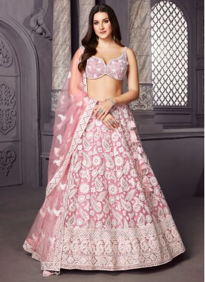 Light Pink Thread Work Embroidered Lehenga Choli