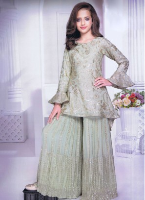 Light Pista Green Sharara Top Set In Chiffon Fabric