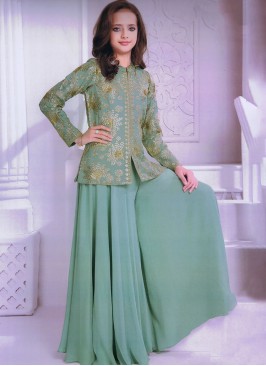 Light Sea Green Embroidered Palazzo Style Suit