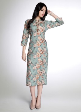 Light Sea Green Floral Printed Cotton Silk Kurti