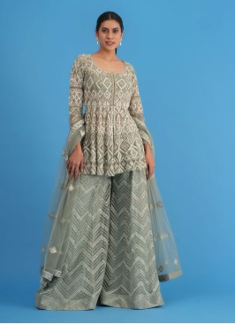 Light Sea Green Net Palazzo Suit With Peplum Top