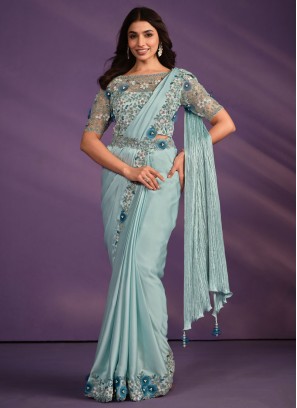 Light Sea Green Party Wear Embroidered Crepe Satin Saree