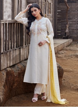 Light Yellow Color Linen Fabric Pant Style Salwar Suit