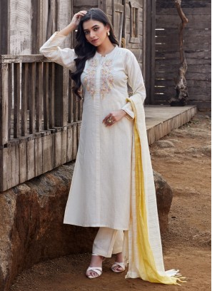 Light Yellow Color Linen Fabric Pant Style Salwar Suit