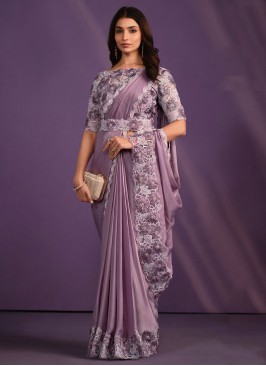 Lilac Floral Work Crepe Satin Saree