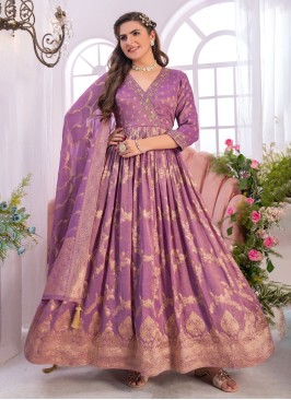 Lilac Thread Embroidered Tissue Anarkali Dress