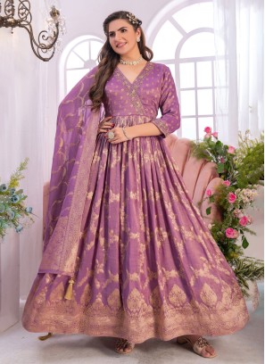 Lilac Thread Embroidered Tissue Anarkali Dress