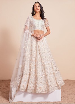 Thread Embroidered Net Off White Lehenga Choli