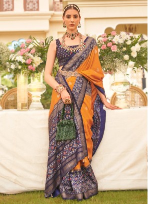 Elegant Orange & Navy Patola Printed Silk Saree