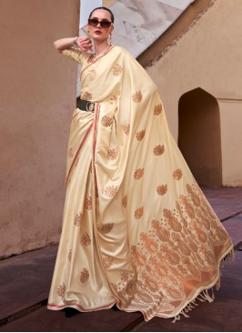 Designer Beige Woven Satin Saree