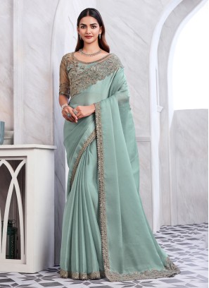 Lovely Sky Blue Sequins Embroidered Party Wear Saree