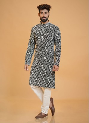 Lucknowi Black Thread Embroidered Kurta Pajama