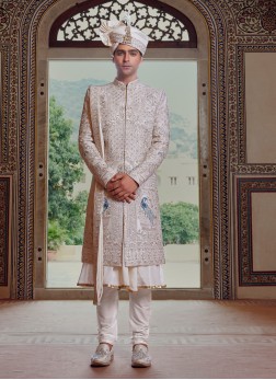 Luxurious Cream Silk Embroidered Sherwani With Dup