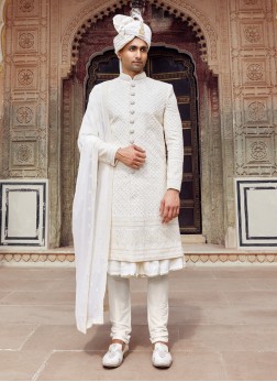 Luxurious Cream Silk Embroidered Sherwani With Dup