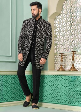 Luxurious Velvet Jacket Style Thread Embroidered Black Indowestern Set