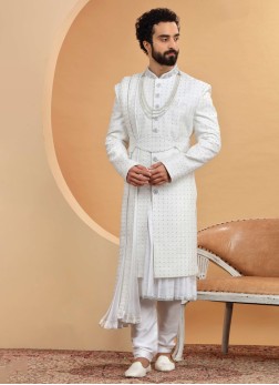 Luxurious White Silk Embroidered Sherwani For Men