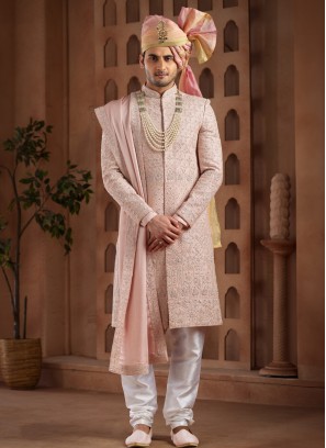 Luxury Light Pink Sherwani Set With Intricate Embroidery