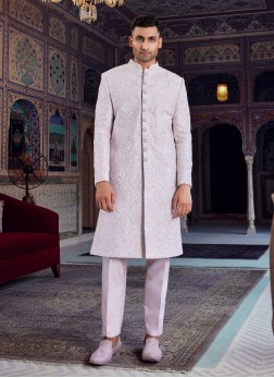 Luxury Onion Pink Sherwani Set With Intricate Embr