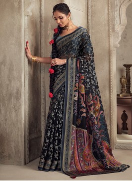 Exquisite Black Organza Printed Trendy Saree