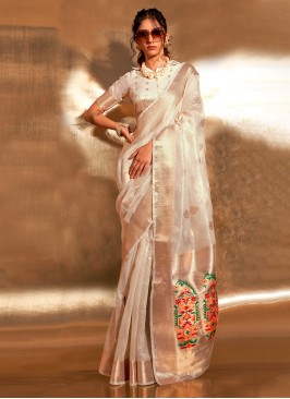 Stunning Off White Zari Woven Tissue Saree