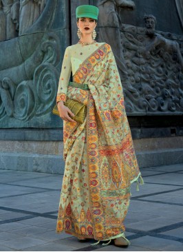 Light Pista Green Woven Embroidered Saree In Pashmina Silk
