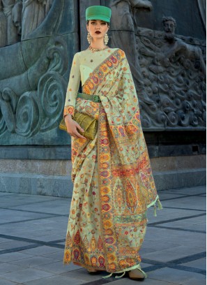 Light Pista Green Woven Embroidered Saree In Pashmina Silk