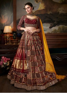 Maroon Ajrakh Printed Gajji Silk Lehenga Choli