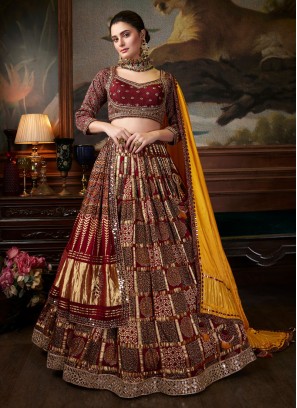 Maroon Ajrakh Printed Gajji Silk Lehenga Choli