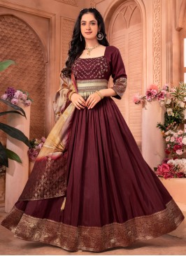 Maroon Banarasi Anarkali Dress With Printed Dupatt