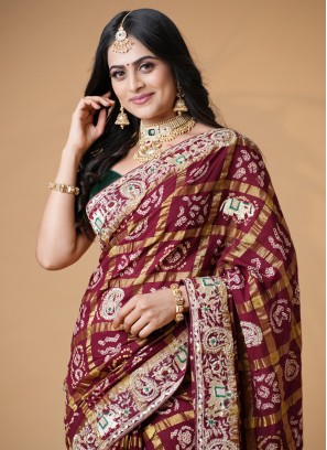 Maroon Bride Wear Gharchola Saree In Pure Chanderi Silk