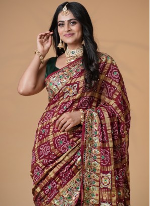 Maroon Bridel Wear Gharchola Saree In Chanderi Silk