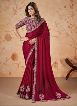 Maroon Embroidered Satin Silk Saree