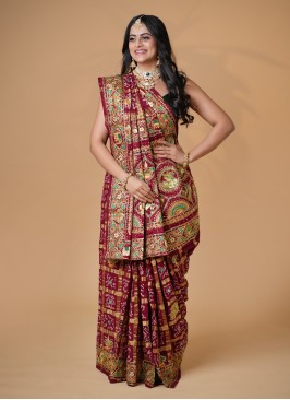 Maroon Embroidered Gharchola Saree In Pure Chanderi Silk