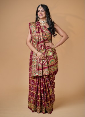 Maroon Embroidered Gharchola Saree In Pure Chanderi Silk