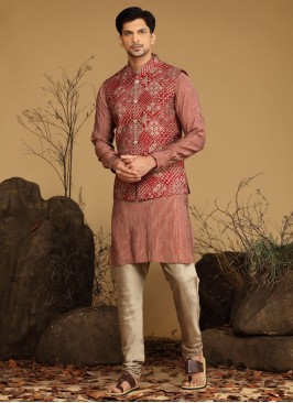 Maroon Fancy Printed Nehru Jacket Set